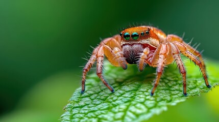 Fototapeta premium A vivid close-up of an orange spider resting on a vibrant green leaf, illustrating the intricate details of its features against a lush backdrop of nature.