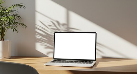 Fototapeta premium Sunlit Workspace: Laptop Mockup with Plant Shadow AI Generated