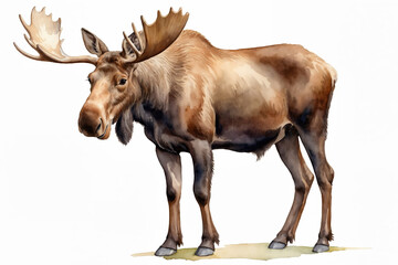 Fototapeta premium Watercolor painting of a moose on a white background. Illustration of a wild forest animal for design: book, sticker, decoration, print or postcard, greeting card. Wildlife theme. 