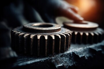 Industrial machinery components workshop close-up shot dark background focused technique mechanical precision