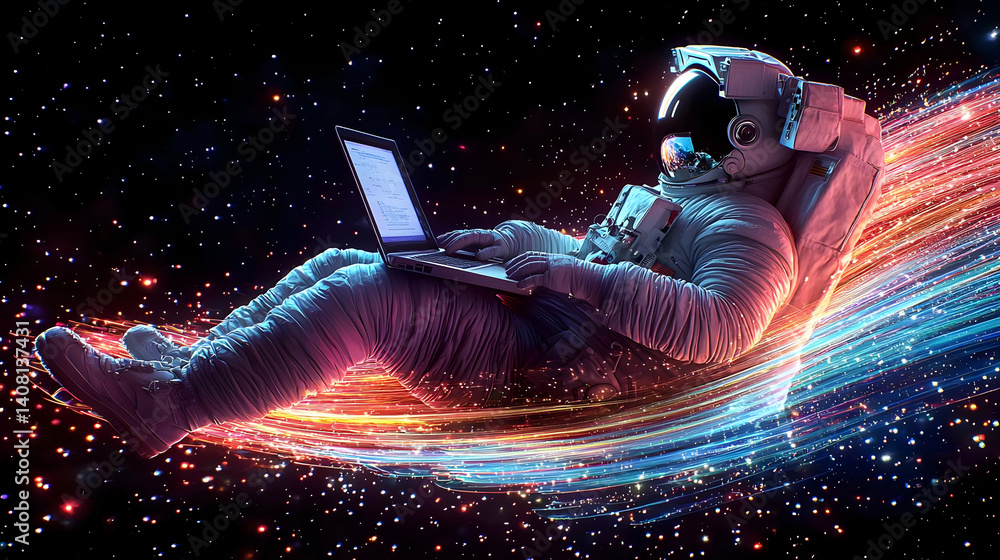 Poster pixelated astronaut floating in space with laptop amidst colorful light trails and stellar backgroun