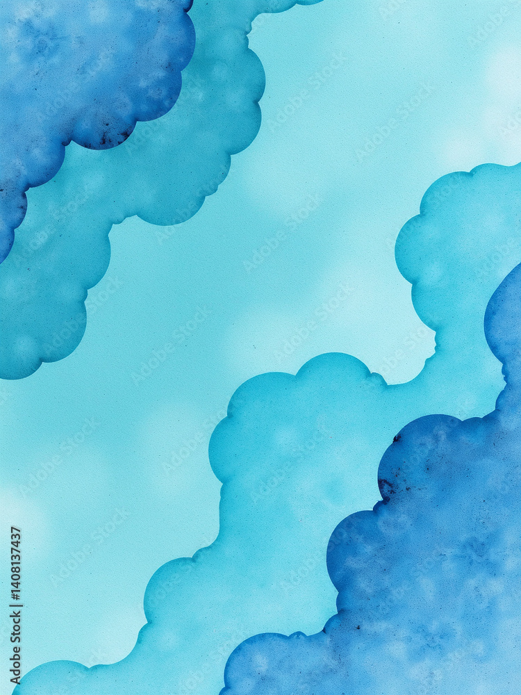 Aufkleber A Watercolor Pattern Of Blue Curls Is Set Against An Abstract Turquoise Background With Swirling Shapes And Textures.