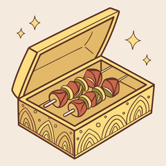 A treasure chest overflowing with juicy grilled skewers, a delightful summer picnic surprise, in warm, inviting tones with a whimsical, decorative box.