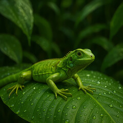 Fototapeta premium Young green iguana resting on a wet tropical leaf with water droplets