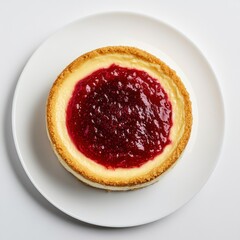 Cheesecake with red topping on a white plate against a white background.