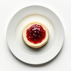 Single cheesecake with red topping on a white plate against a white background.