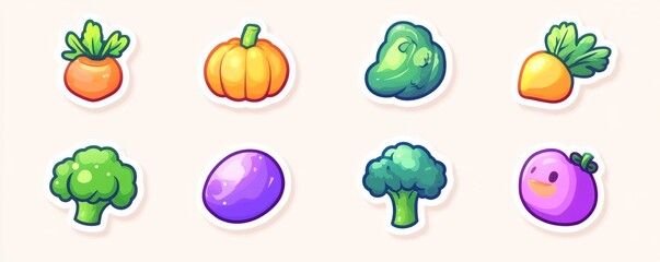 Fototapeta premium An illustration of vegetables, such as orange pumpkins, green gourds, broccoli, and cabbage, is rendered in pixel art style