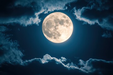 Fototapeta premium Full moon shines brightly in a dark blue night sky with clouds.