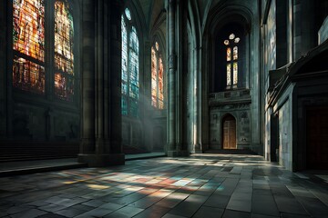Obraz premium Sunlit stained glass windows illuminate a serene, vast cathedral interior, casting colorful shadows across the stone floor.