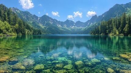 Picturesque alpine lake surrounded by towering mountains and lush forest