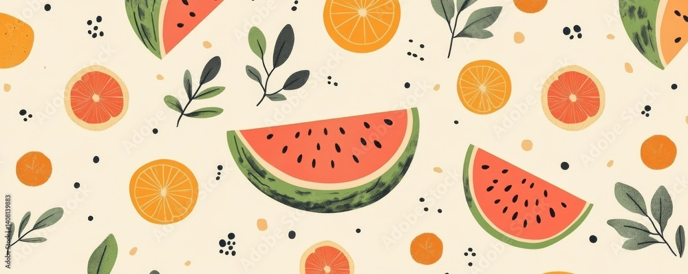 Poster summer is captured in a colorful pattern of watermelon and orange slices on a teal background