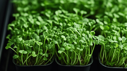 Microgreens in Tray: Vibrant, healthy microgreens sprout in individual containers, showcasing their fresh, green leaves and early growth stage.  