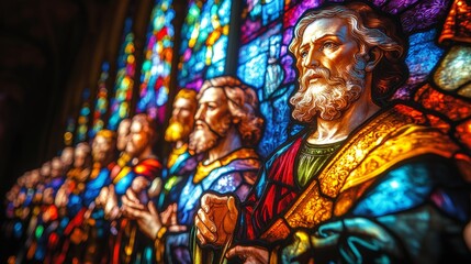 Obraz premium Stained glass windows in a grand church depict biblical figures with intricate designs and vibrant colors