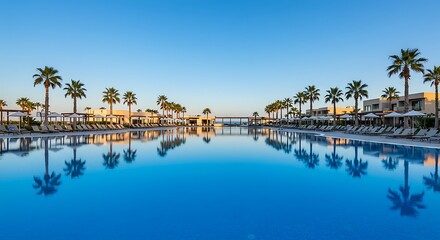 Obraz premium Tranquil Oasis: Palm-Lined Pool Reflecting Azure Sky AI Generated