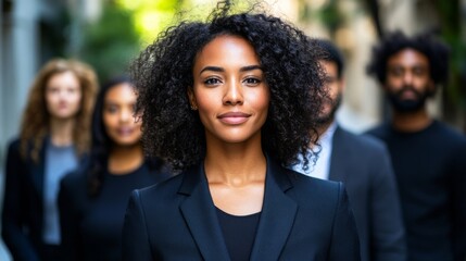 Obraz premium A smiling woman with braids, in a business suit, is featured prominently in front of a diverse group