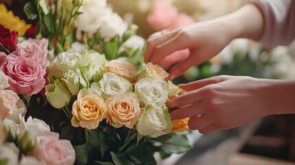 Florist arranging fresh roses into an elegant bouquet with artistic balance. Featuring precision and beauty