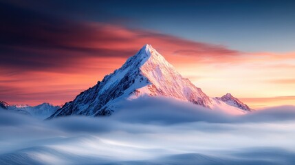 A stunning panorama of rugged mountain peaks enveloped by soft clouds at sunset, conveying the majesty and calmness of nature in beautiful revelry of colors.