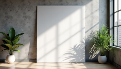 Fototapeta premium Blank canvas in bright sunlit room with greenery 