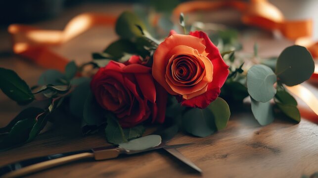 Florist delicately arranging a bouquet of fresh flowers on a wooden table. Featuring elegance and attention to detail
