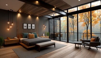 Naklejka premium Modern Bedroom with Autumn View