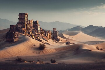 Abandoned ruins consumed by the desert sands, a haunting reminder of a lost civilization under the dusky sky.