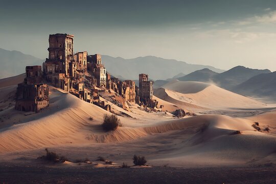 Abandoned ruins consumed by the desert sands, a haunting reminder of a lost civilization under the dusky sky.