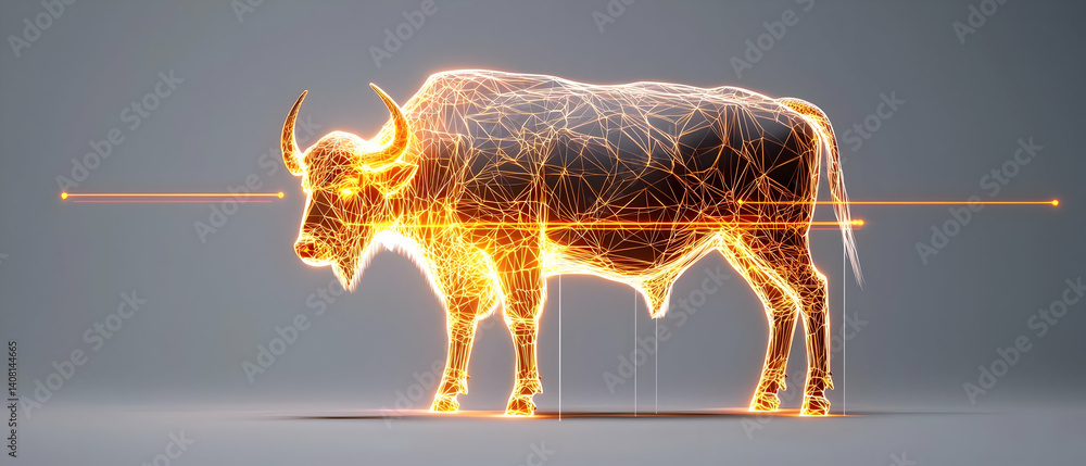 Poster glowing golden bull with sparkling particle effects on a gray background with red laser lines