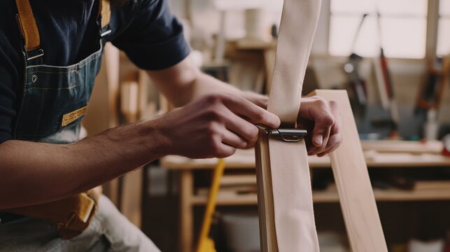 Furniture upholsterer stretching fabric over a wooden chair frame. Featuring craftsmanship and restoration