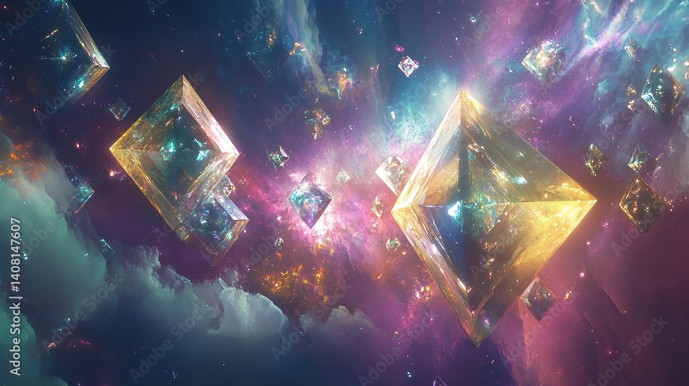 Poster a celestial array of luminous diamond-like structures interconnecting mid-space