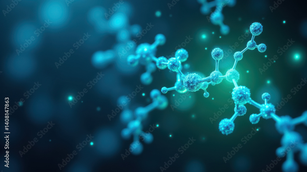 Poster a captivating microscopic view of glp-1 molecules floating in a blue oceanic environment, with glowi