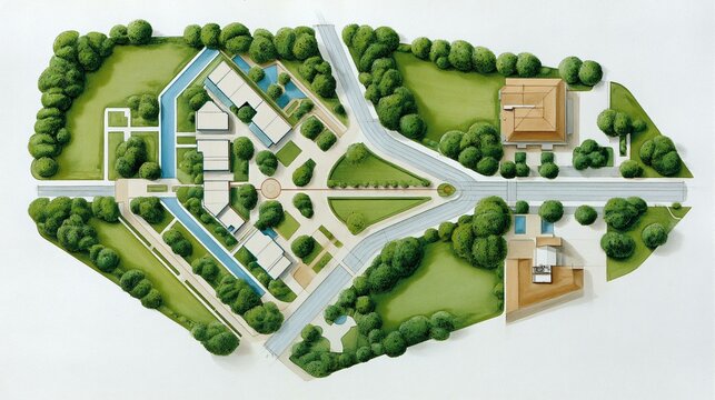 Master plan drawing of residential community, highlighting lot divisions, road layout, green zones, and public facilities in detailed blueprint form