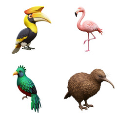 Obraz premium This image showcases a vibrant collection of four exotic birds: a hornbill, a flamingo, a quetzal, and a kiwi