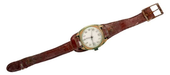 Closed up image of a broken wrist watch over a transparent background