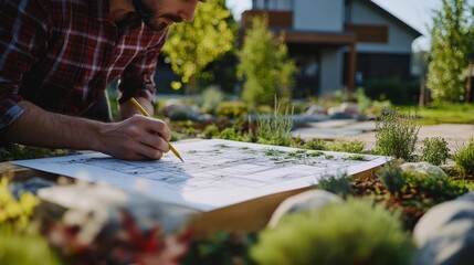 Landscape worker planting shrubs in a garden. Featuring care and horticultural skills