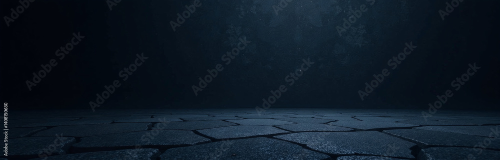 Poster Dark Volumetric Stone Background With Copy Space For Design Features A Panoramic View Of A Black And Blue Textured Rock Formation.