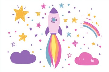 Colorful Rocket Launching Among Stars and Rainbow in a Fantasy Scene