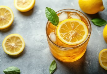 Refreshing Citrus Drink with Lemon Slices and Mint Leaves on a Stylish Gray Surface with Whole Lemons in the Background