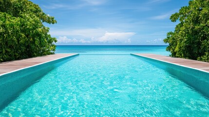 Fototapeta premium Private island resort with infinity pool, luxury travel package, VIP vacation booking, tropical paradise escape