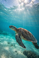Obraz premium A turtle with a strong shell and wise eyes, moving steadily. A symbol of patience, resilience, and longevity, embodying calm and quiet strength
