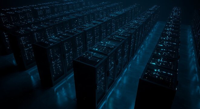 Deep Blue Data: Cybernetic Cityscape, 3D Render AI Generated