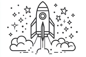 Rocket Launch Illustration with Stars and Clouds in Minimalist Style