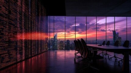 Obraz premium Modern futuristic office meeting room with city skyline. Walls covered in digital code with 100-200 characters and ending with