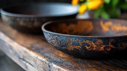 Fototapeta premium Pair of antique metal dishes with elaborate scrollwork, dark aged metal with hints of rust, suggesting a rich past. Vintage tabletop decor