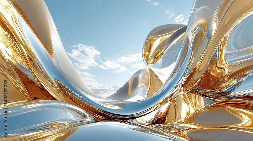 Poster a dynamic 3d abstract scene of overlapping smooth waves of liquid metal in gold and chrome tones