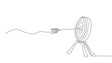 Minimalist continuous one line drawing of an arrow hitting the bullseye on a target board, symbolizing accuracy, goal achievement, and success. Vector illustration, Editable stroke