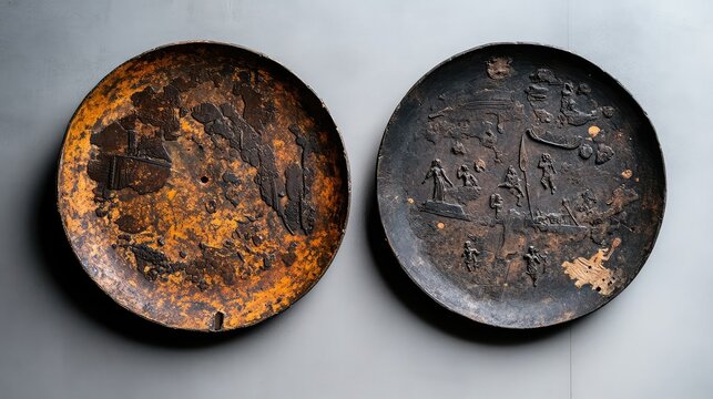 Two antique metal platters side-by-side, featuring detailed mythological scenes, worn and darkened with age, telling silent stories. Historical metal artifacts.