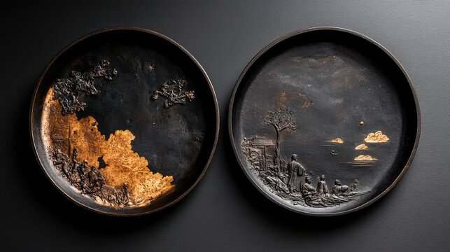 Two antique metal platters side-by-side, featuring detailed mythological scenes, worn and darkened with age, telling silent stories. Historical metal artifacts.