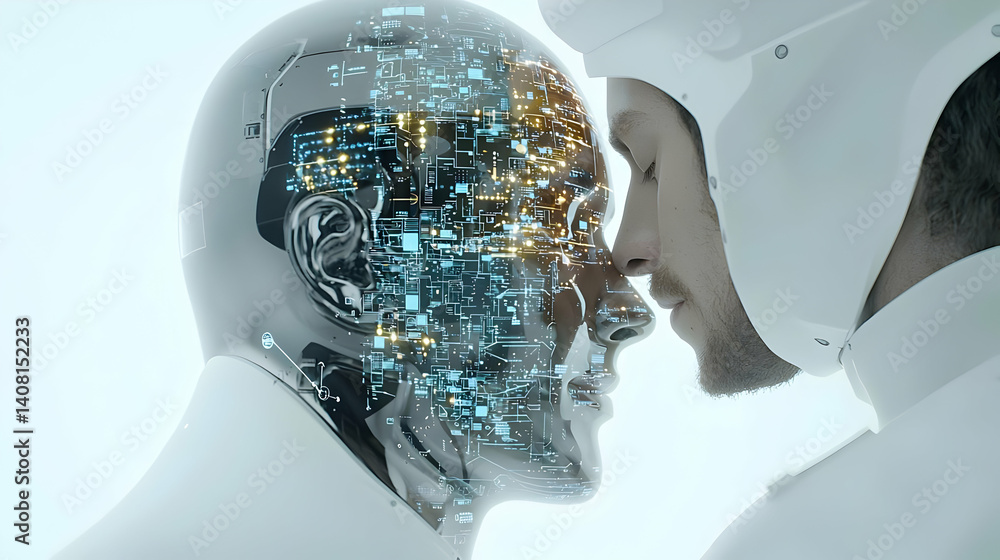 Poster futuristic humanoid robot and man face to face in a digital and technological encounter with white b