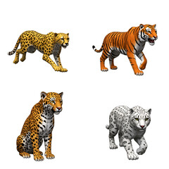 Naklejka premium Four majestic wild cats a cheetah, tiger, leopard, and snow leopard posed in dynamic stances