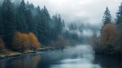 Serene River Flowing Through Foggy Forest with Autumn Colored Trees